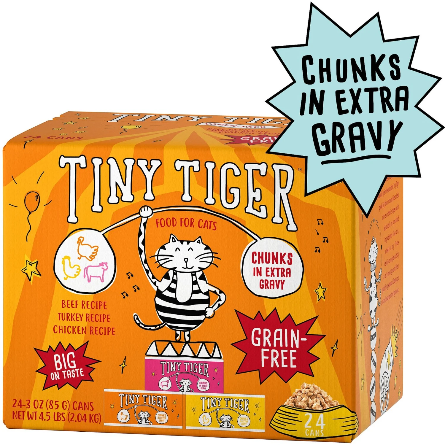 Tiny Tiger Chunks In EXTRA Gravy Beef & Poultry Recipes Variety Pack Grain-Free Canned Cat Food 3 Tiny Tiger Chunks In EXTRA Gravy Beef & Poultry Recipes Variety Pack Grain-Free Canned Cat Food