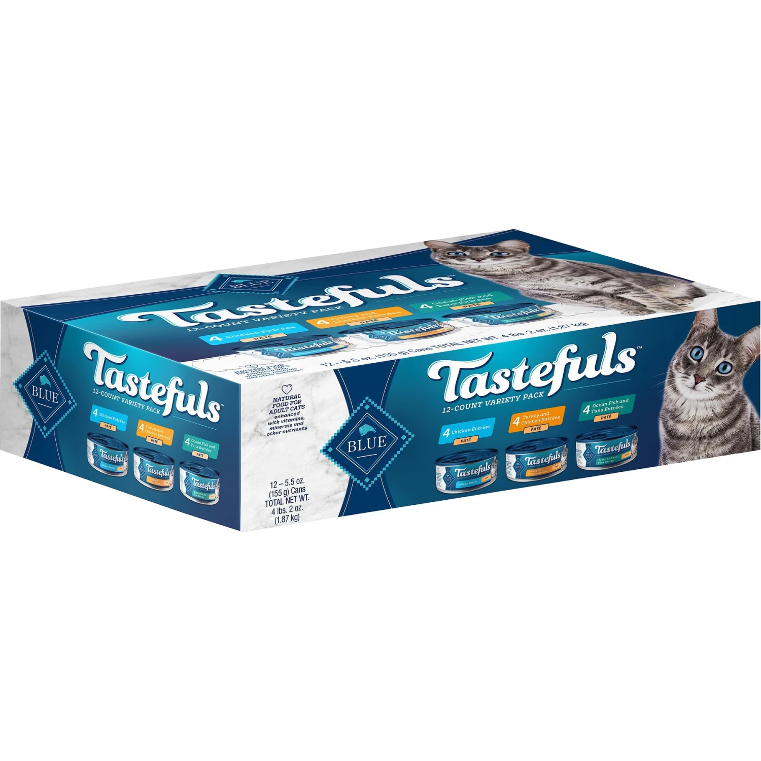 Blue Buffalo Tastefuls Chicken, Turkey & Chicken & Ocean Fish & Tuna Entrées Variety Pack Pate Wet Cat Food, 5.5-oz Can, Case Of 12 3 Blue Buffalo Tastefuls Chicken, Turkey & Chicken & Ocean Fish & Tuna Entrées Variety Pack Pate Wet Cat Food, 5.5-oz Can, Case Of 12