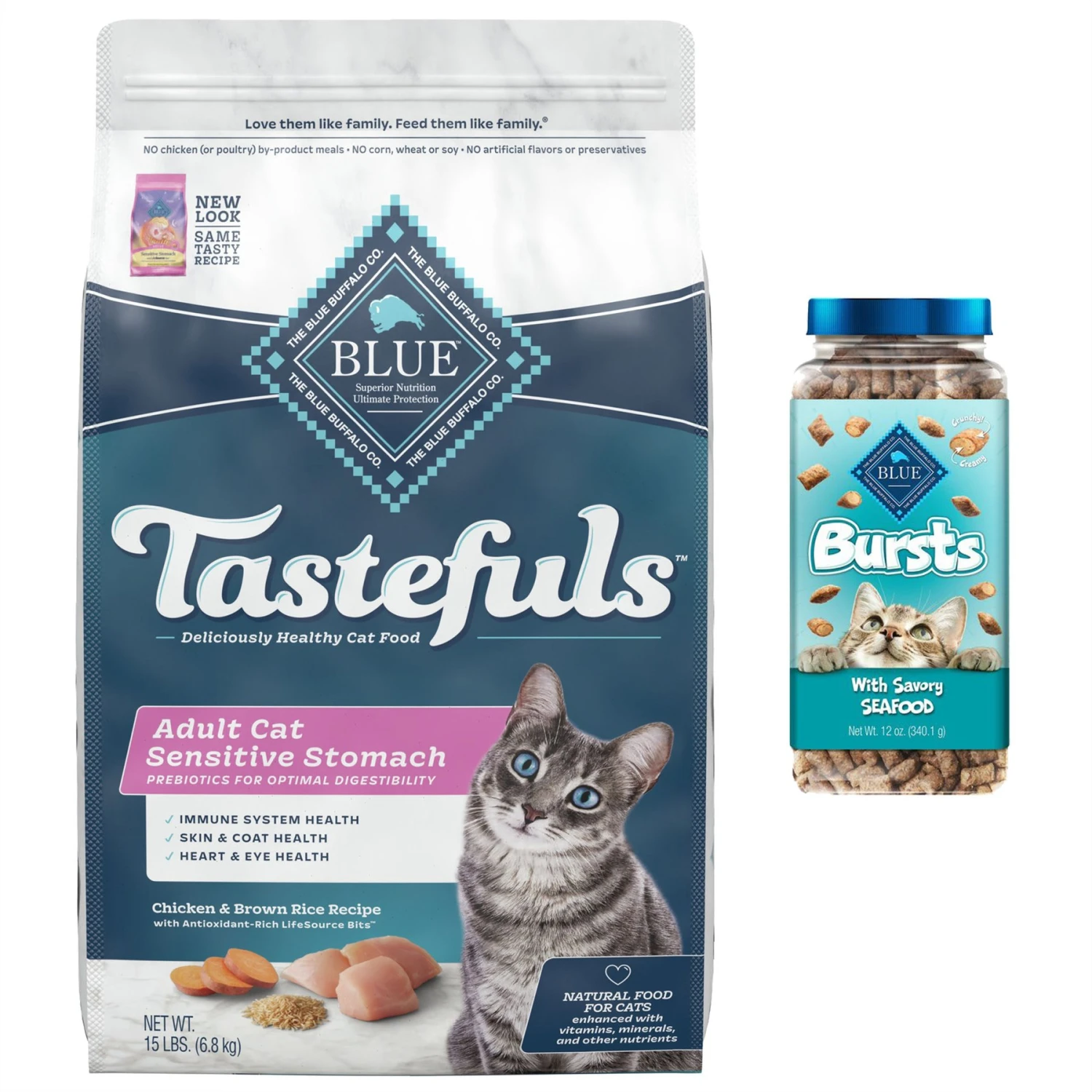 Blue Buffalo Tastefuls Sensitive Stomach Natural Chicken Adult Dry Cat Food & Blue Buffalo Bursts With Savory Seafood Cat Treats 3 Blue Buffalo Tastefuls Sensitive Stomach Natural Chicken Adult Dry Cat Food & Blue Buffalo Bursts With Savory Seafood Cat Treats