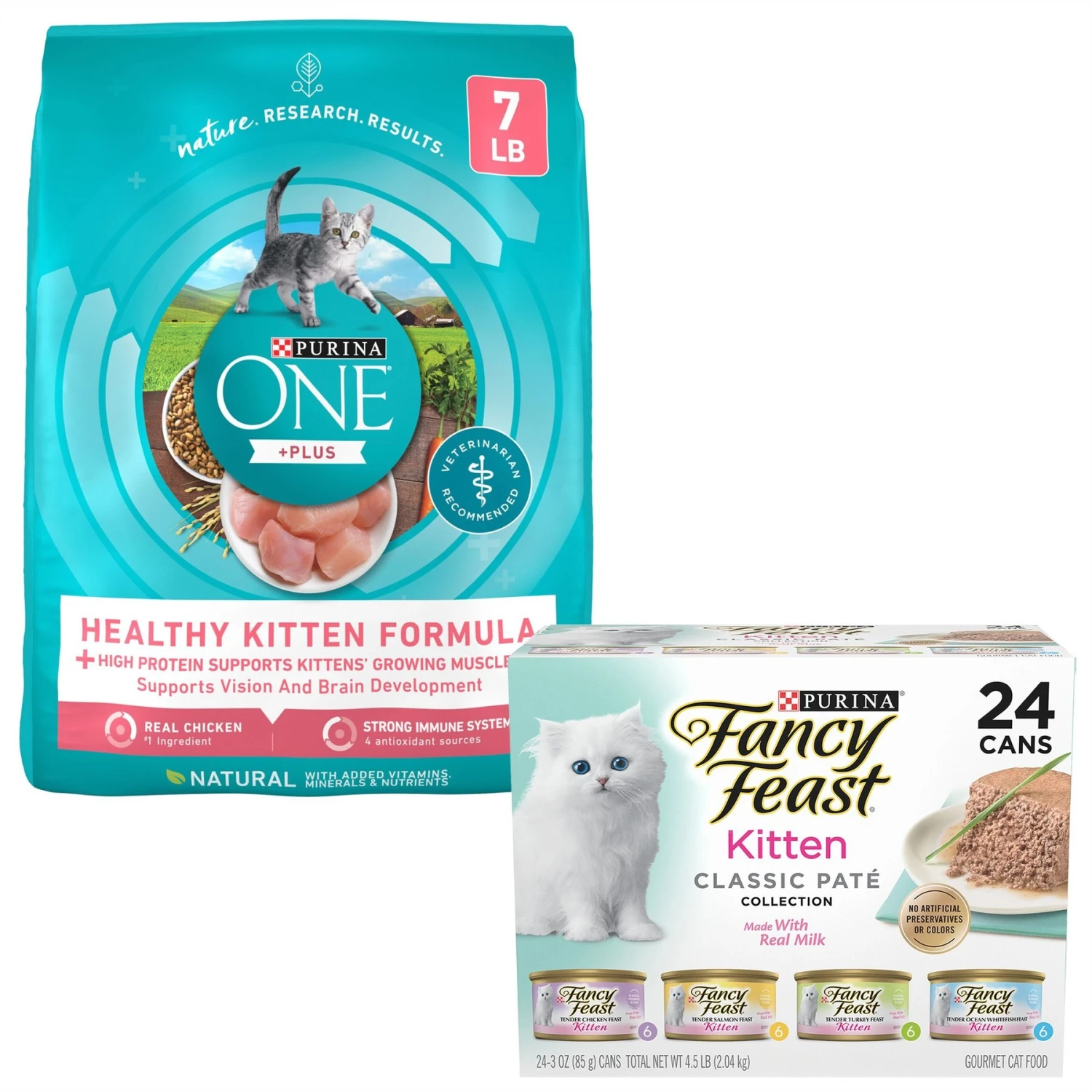 Fancy Feast Tender Feast Variety Pack Canned Kitten Food & Purina ONE +Plus Healthy Kitten Formula Natural Dry Cat Food 3 Fancy Feast Tender Feast Variety Pack Canned Kitten Food & Purina ONE +Plus Healthy Kitten Formula Natural Dry Cat Food