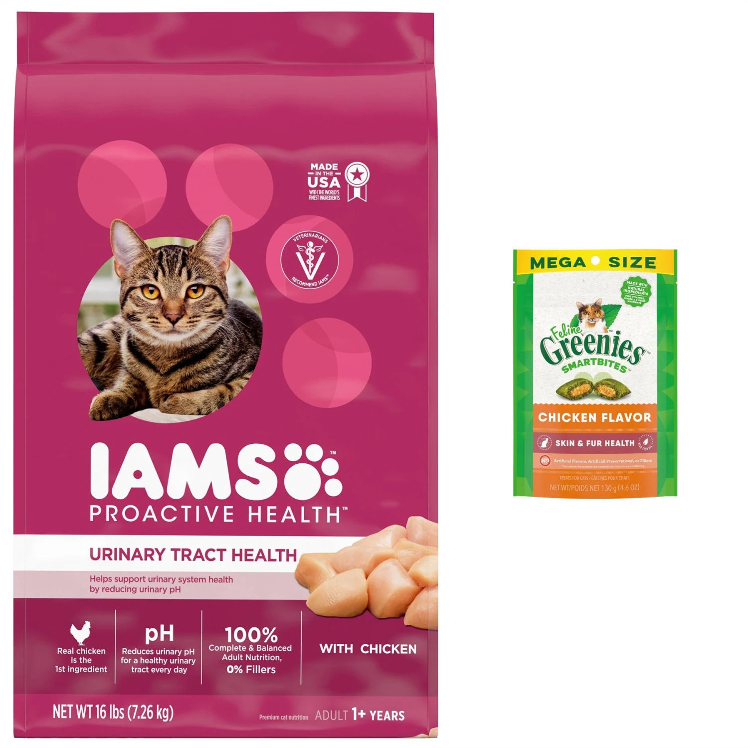 Iams ProActive Health Urinary Tract Health With Chicken Adult Dry Cat Food & Greenies Feline SmartBites Healthy Skin & Fur Natural Chicken Flavor Soft & Crunchy Adult Cat Treats 3 Iams ProActive Health Urinary Tract Health With Chicken Adult Dry Cat Food & Greenies Feline SmartBites Healthy Skin & Fur Natural Chicken Flavor Soft & Crunchy Adult Cat Treats