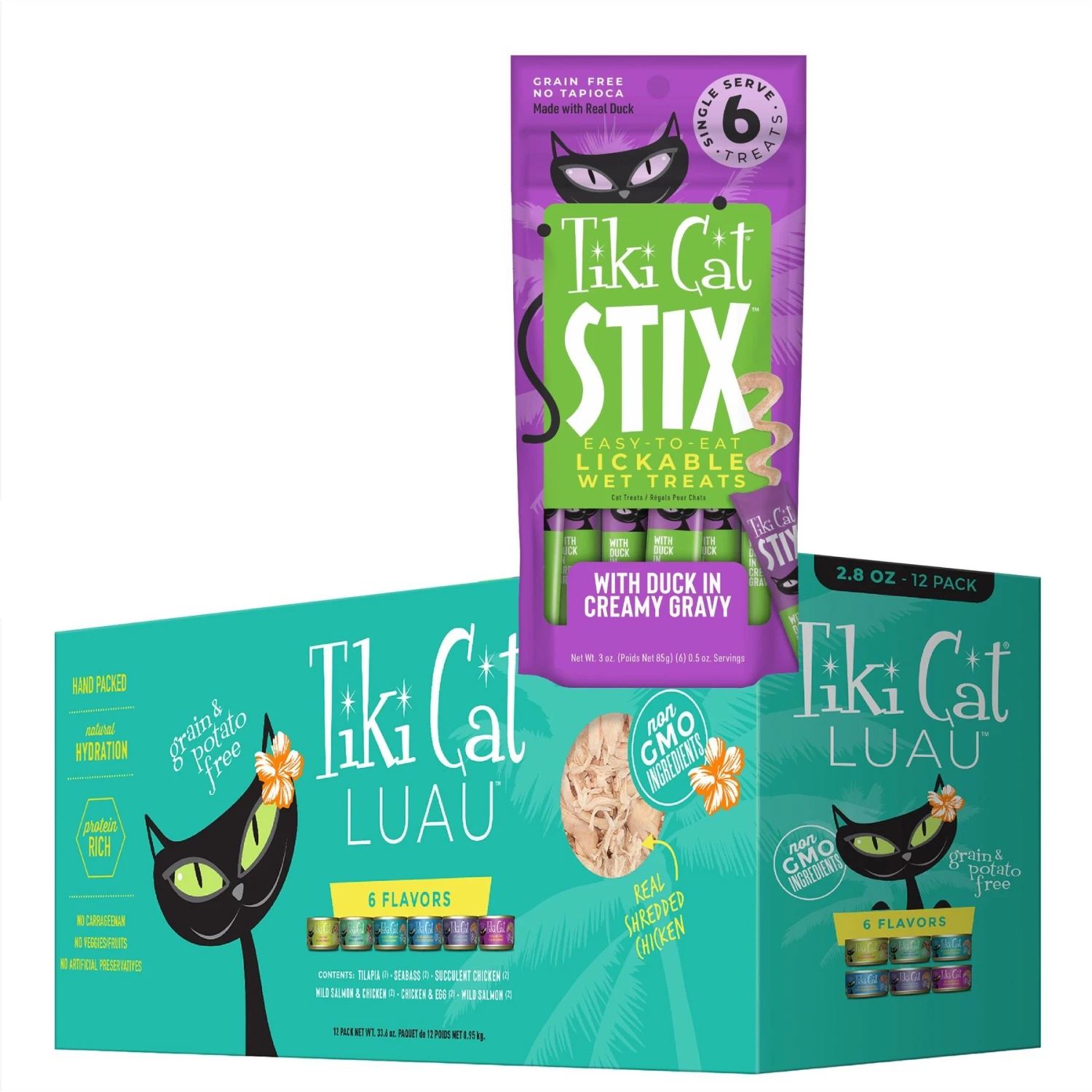 Tiki Cat Stix Duck In Creamy Gravy Grain-Free Wet Cat Treat, 3-oz Pouch, Pack Of 6 & Tiki Cat Luau Variety Pack Grain-Free Canned Cat Food 3 Tiki Cat Stix Duck In Creamy Gravy Grain-Free Wet Cat Treat, 3-oz Pouch, Pack Of 6 & Tiki Cat Luau Variety Pack Grain-Free Canned Cat Food