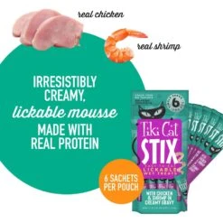 Tiki Cat Luau Velvet Mousse Variety Pack Grain-Free Wet Cat Food, 2.8-oz Pouch, Case Of 12 & Tiki Cat Stix Chicken & Shrimp In Creamy Gravy Grain-Free Wet Cat Treat -PurePet Bites Shop 298550 PT8. AC SS1800 V1702939302