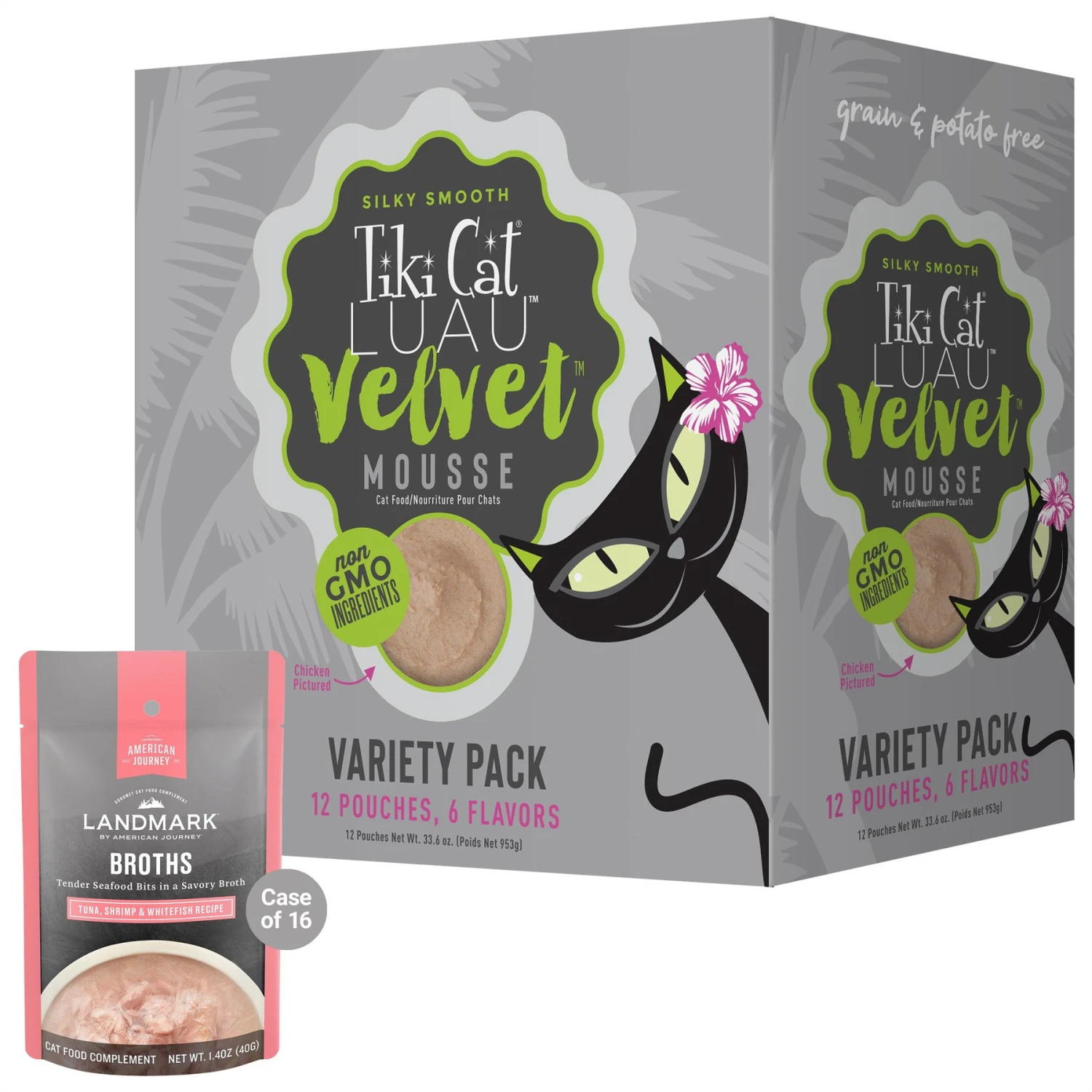 Tiki Cat Luau Velvet Mousse Variety Pack Grain-Free Wet Cat Food, 2.8-oz Pouch, Case Of 12 & American Journey Landmark Broths Tuna, Shrimp & Whitefish Recipe Wet Cat Food Complement Pouches, 1.4 Oz Case Of 16 3 Tiki Cat Luau Velvet Mousse Variety Pack Grain-Free Wet Cat Food, 2.8-oz Pouch, Case Of 12 & American Journey Landmark Broths Tuna, Shrimp & Whitefish Recipe Wet Cat Food Complement Pouches, 1.4 Oz Case Of 16