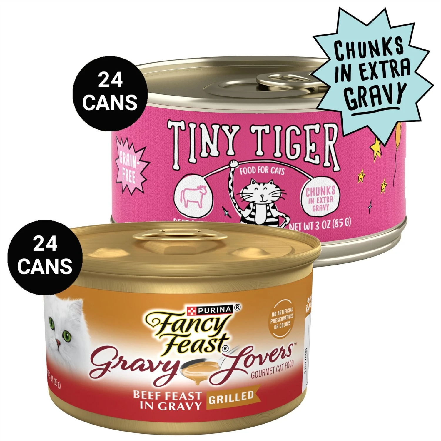 Tiny Tiger Chunks In EXTRA Gravy Beef Recipe Grain-Free Canned Cat Food & Fancy Feast Gravy Lovers Beef Feast Gravy Canned Cat Food 3 Tiny Tiger Chunks In EXTRA Gravy Beef Recipe Grain-Free Canned Cat Food & Fancy Feast Gravy Lovers Beef Feast Gravy Canned Cat Food