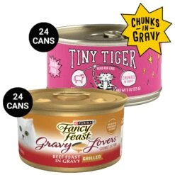 Tiny Tiger Chunks In Gravy Beef Recipe Grain-Free Canned Cat Food & Fancy Feast Gravy Lovers Beef Feast Gravy Canned Cat Food