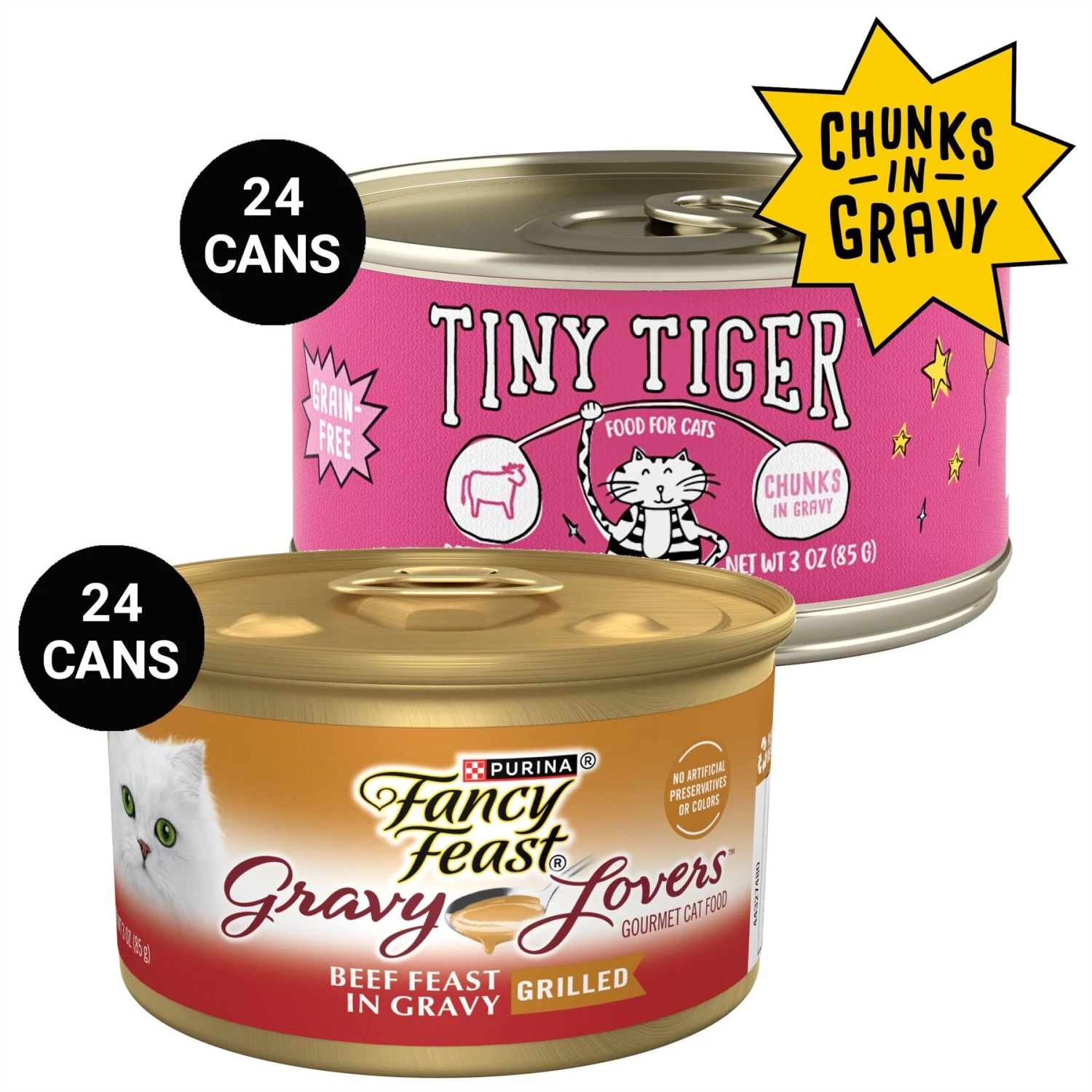 Tiny Tiger Chunks In Gravy Beef Recipe Grain-Free Canned Cat Food & Fancy Feast Gravy Lovers Beef Feast Gravy Canned Cat Food 3 Tiny Tiger Chunks In Gravy Beef Recipe Grain-Free Canned Cat Food & Fancy Feast Gravy Lovers Beef Feast Gravy Canned Cat Food