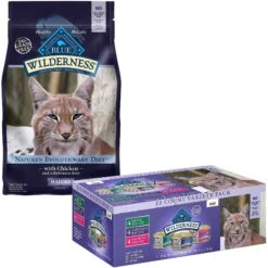 Blue Buffalo Wilderness High Protein Natural Grain-Free Chicken Mature Dry Cat Food & Blue Buffalo Wilderness Pate Variety Pack Duck, Chicken & Salmon Grain-Free Cat Canned Food