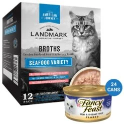 Fancy Feast Flaked Fish & Shrimp Feast Canned Cat Food & American Journey Landmark Broths Seafood Variety Pack Wet Cat Food Complement Pouches