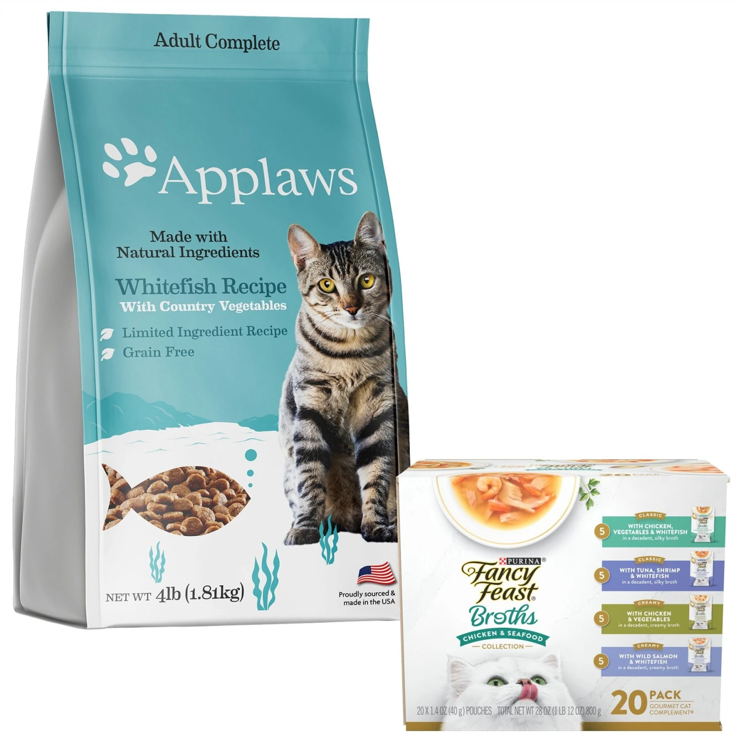 Applaws Adult Complete Whitefish Recipe With Country Vegetables Grain-Free Dry Cat Food & Fancy Feast Classic Collection Broths Variety Pack Complement Wet Cat Food 3 Applaws Adult Complete Whitefish Recipe With Country Vegetables Grain-Free Dry Cat Food & Fancy Feast Classic Collection Broths Variety Pack Complement Wet Cat Food