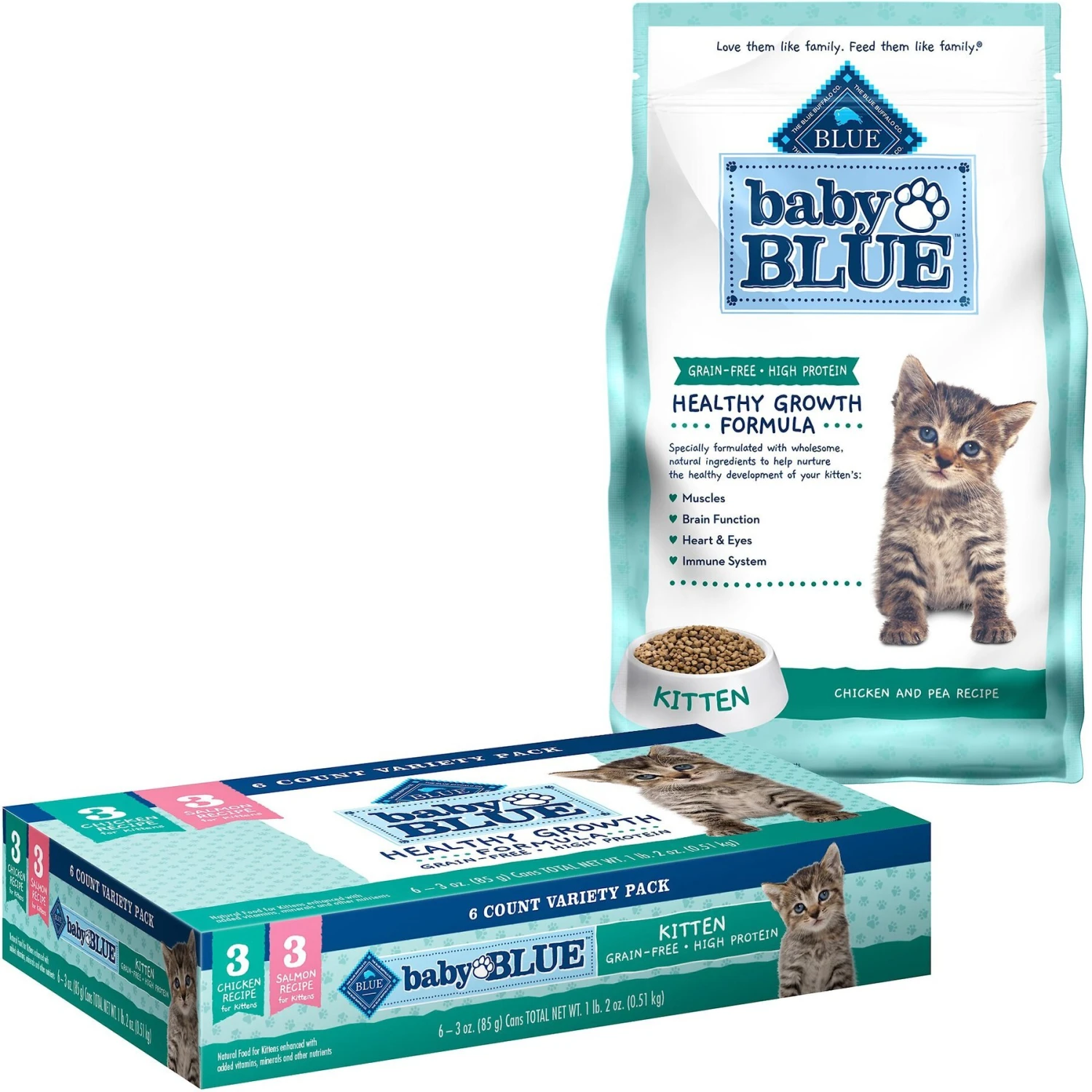 Blue Buffalo Baby Blue Healthy Growth Formula Grain-Free High Protein Chicken & Pea Recipe Kitten Dry Food & Blue Buffalo Baby Blue Healthy Growth Formula Grain-Free High Protein Variety Pack Kitten Wet Food, 3-oz Can, Case Of 6 3 Blue Buffalo Baby Blue Healthy Growth Formula Grain-Free High Protein Chicken & Pea Recipe Kitten Dry Food & Blue Buffalo Baby Blue Healthy Growth Formula Grain-Free High Protein Variety Pack Kitten Wet Food, 3-oz Can, Case Of 6