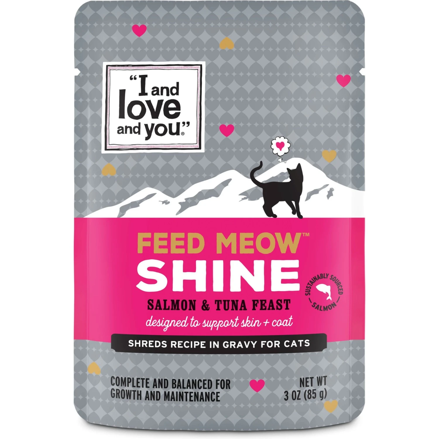 I And Love And You Feed Meow Shine Salmon & Tuna Grain-Free Chunks In Gravy Wet Cat Food, 3-oz Pouch, Case Of 24 3 I And Love And You Feed Meow Shine Salmon & Tuna Grain-Free Chunks In Gravy Wet Cat Food, 3-oz Pouch, Case Of 24