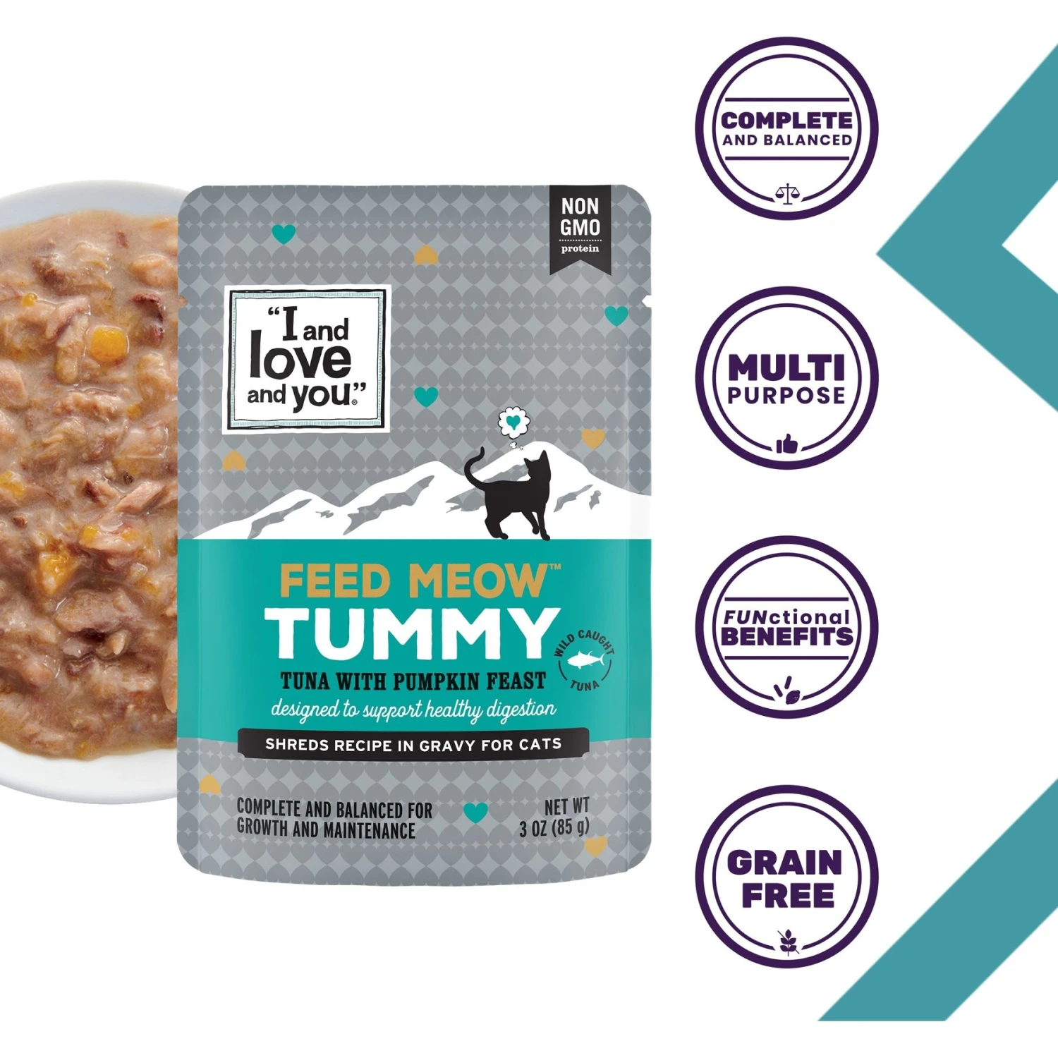 I And Love And You Feed Meow Tummy Tuna & Pumpkin Feast Grain-Free Chunks In Gravy Wet Cat Food, 3-oz Pouch, Case Of 24 4 I And Love And You Feed Meow Tummy Tuna & Pumpkin Feast Grain-Free Chunks In Gravy Wet Cat Food, 3-oz Pouch, Case Of 24 - Image 2
