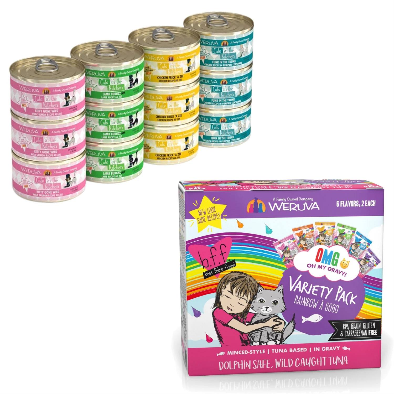 Weruva Cats In The Kitchen Cuties Variety Pack Grain-Free Canned Cat Food & BFF Rainbow A Gogo Variety Pack Wet Cat Food Pouches, 3-oz, Case Of 12 3 Weruva Cats In The Kitchen Cuties Variety Pack Grain-Free Canned Cat Food & BFF Rainbow A Gogo Variety Pack Wet Cat Food Pouches, 3-oz, Case Of 12