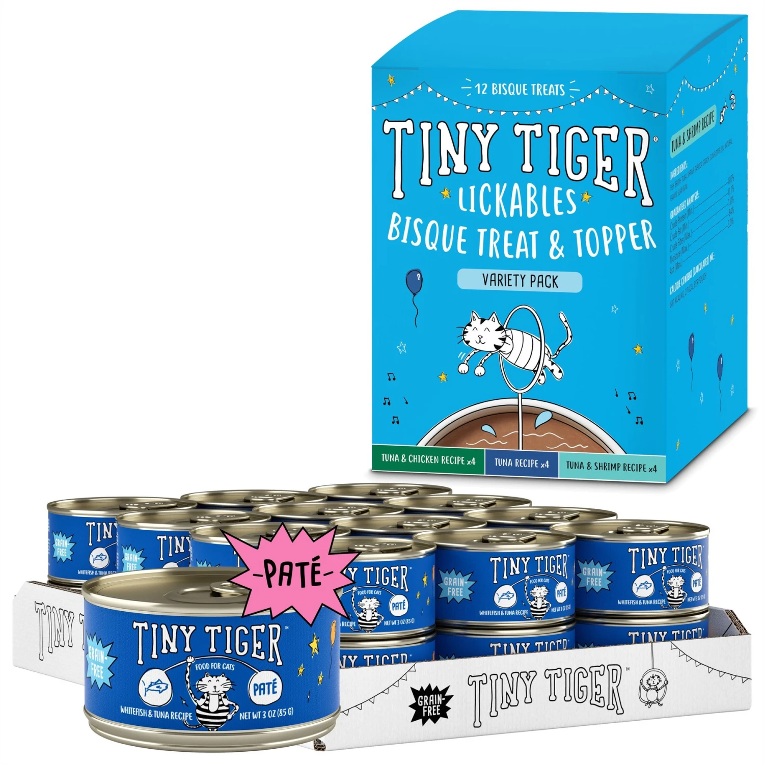 Tiny Tiger Pate Whitefish & Tuna Recipe Grain-Free Canned Cat Food & Tiny Tiger, Lickables, Variety Pack, Bisque Cat Treat & Topper 3 Tiny Tiger Pate Whitefish & Tuna Recipe Grain-Free Canned Cat Food & Tiny Tiger, Lickables, Variety Pack, Bisque Cat Treat & Topper