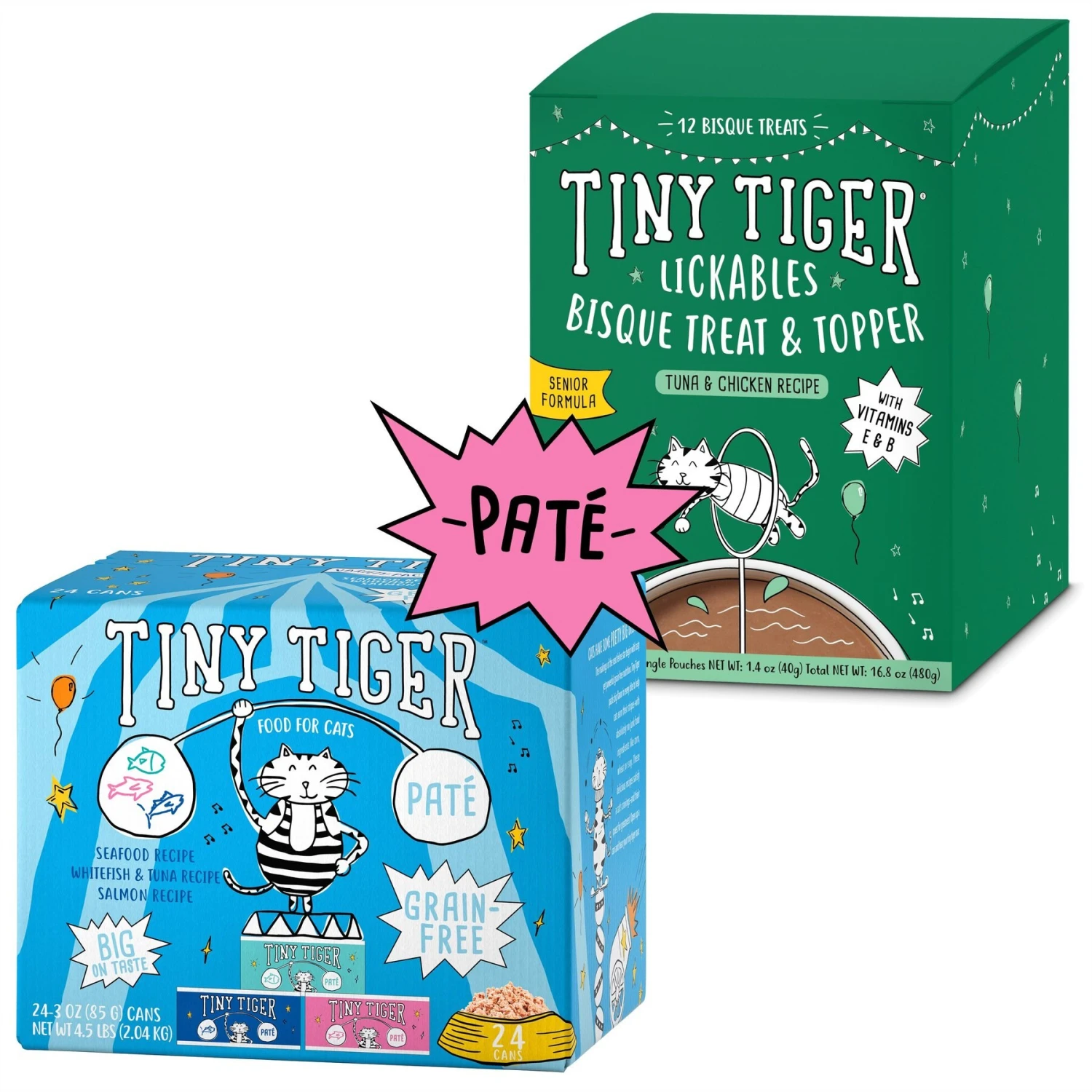 Tiny Tiger Pate Seafood Recipes Variety Pack Grain-Free Canned Cat Food & Tiny Tiger Lickables, Senior Formula, Tuna & Chicken Recipe, Bisque Cat Treat & Topper 3 Tiny Tiger Pate Seafood Recipes Variety Pack Grain-Free Canned Cat Food & Tiny Tiger Lickables, Senior Formula, Tuna & Chicken Recipe, Bisque Cat Treat & Topper