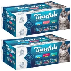 Blue Buffalo Tastefuls Salmon, Chicken, Ocean Fish & Tuna Entrées Variety Pack Pate Wet Cat Food, 3-oz Can, Case Of 12 & Blue Buffalo Tastefuls Tuna, Chicken, Fish & Shrimp Entrées Variety Pack Flaked Wet Cat Food