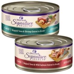 Wellness CORE Signature Selects Flaked Skipjack Tuna & Shrimp Entree In Broth Grain-Free Natural Canned Cat Food & Wellness CORE Signature Selects Flaked Skipjack Tuna & Wild Salmon Entree In Broth Grain-Free Canned Cat Food