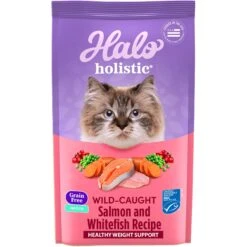PurePet Bites Shop 31 Halo Holistic Indoor Wild-Caught Salmon & Whitefish Recipe Complete Digestive Health & Healthy Weight Support Grain-Free Adult Dry Cat Food