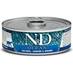 Farmina N&D Ocean Sea Bass, Sardine & Shrimp Grain-Free Wet Cat Food, 2.5-oz Can, Case Of 24