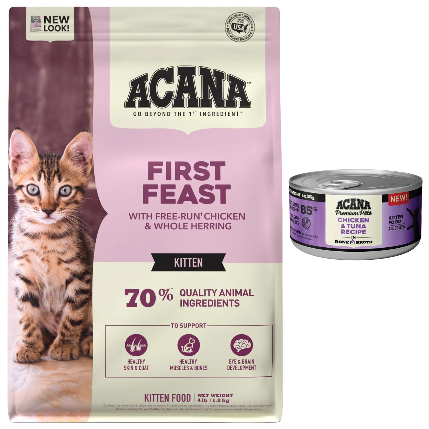 ACANA Chicken + Tuna Recipe In Bone Broth Grain-Free Wet Kitten Food, 3-oz Can, Case Of 24 & ACANA First Feast High-Protein Kitten Dry Cat Food, 4-lb Bag 3 ACANA Chicken + Tuna Recipe In Bone Broth Grain-Free Wet Kitten Food, 3-oz Can, Case Of 24 & ACANA First Feast High-Protein Kitten Dry Cat Food, 4-lb Bag