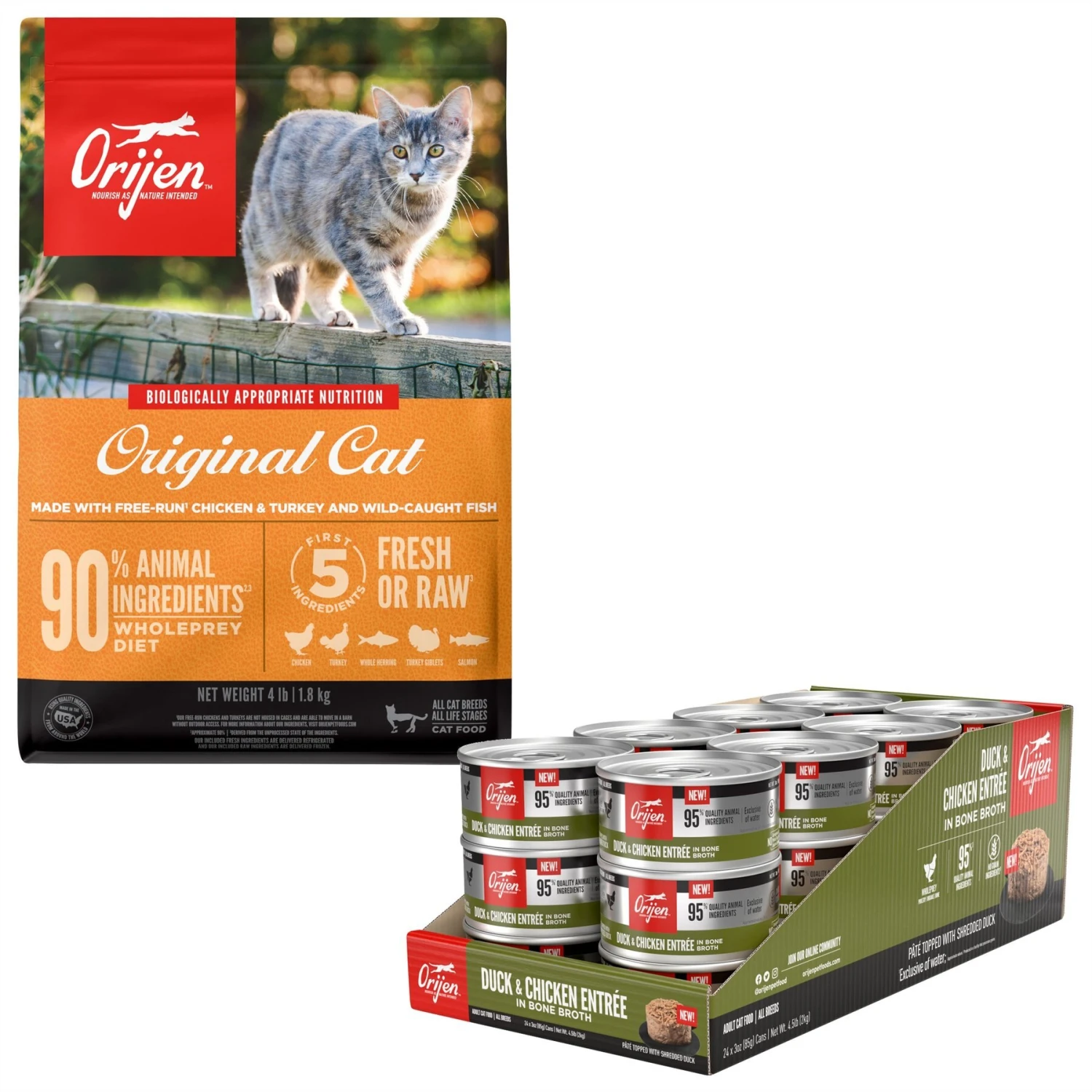 ORIJEN Duck + Chicken Entree In Bone Broth Wet Cat Food & ORIJEN Original Grain-Free Dry Cat Food 3 ORIJEN Duck + Chicken Entree In Bone Broth Wet Cat Food & ORIJEN Original Grain-Free Dry Cat Food