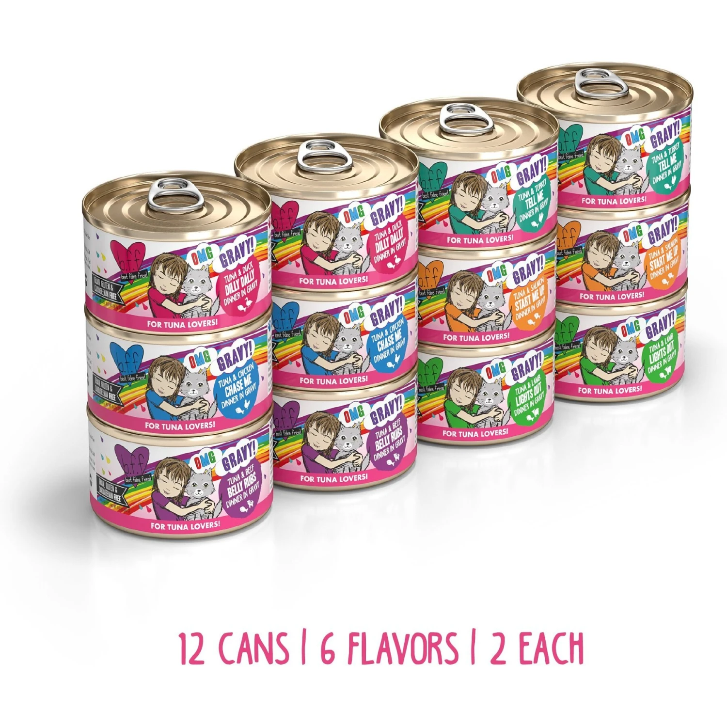Weruva B.F.F. OMG Best Feline Friend Oh My Gravy! Tickle Me Pinks! Variety Pack Grain-Free Wet Cat Food, 2.8-oz Can, Case Of 12 4 Weruva B.F.F. OMG Best Feline Friend Oh My Gravy! Tickle Me Pinks! Variety Pack Grain-Free Wet Cat Food, 2.8-oz Can, Case Of 12 - Image 2