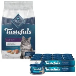 Blue Buffalo Tastefuls Natural Chicken Adult 7+ Dry Cat Food & Blue Buffalo Tastefuls Chicken Entrée Mature Cats Pate Wet Cat Food, 3-oz Can, Case Of 24